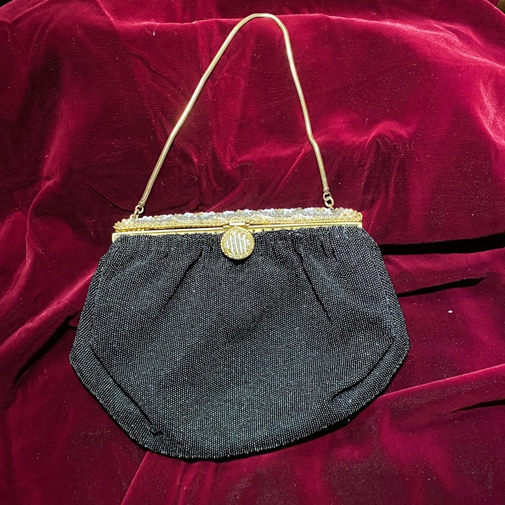 Black Beaded Evening Handbag with Gold Frame